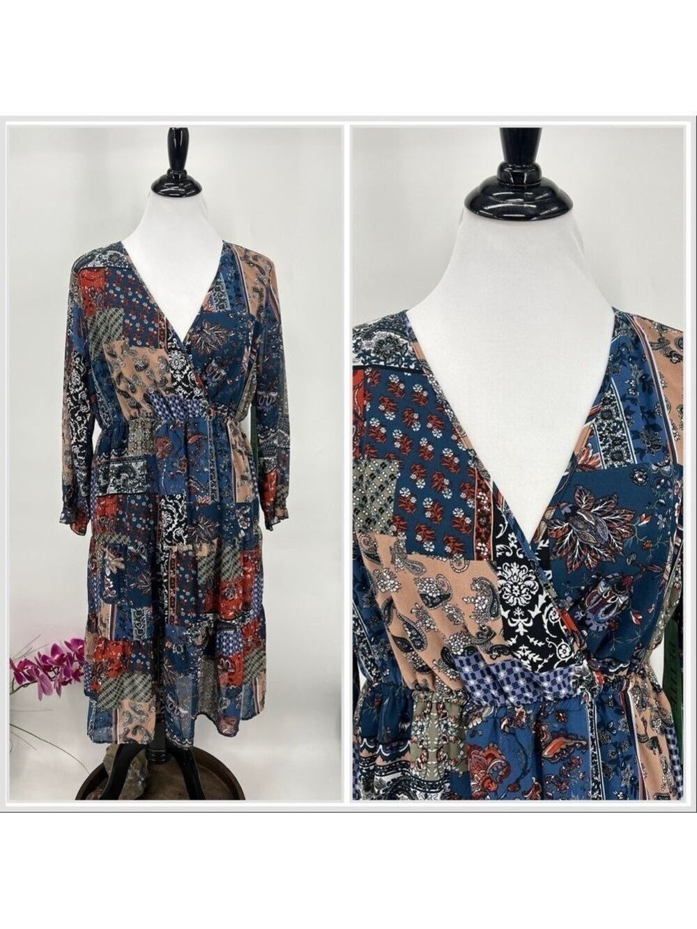 Patchwork V-Neck Wrap Dress
